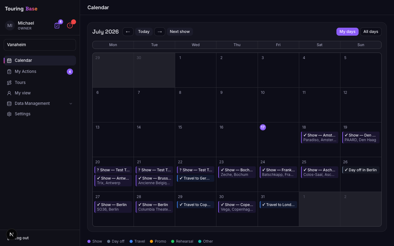 TouringBase admin portal showing a color-coded calendar month view with tour dates