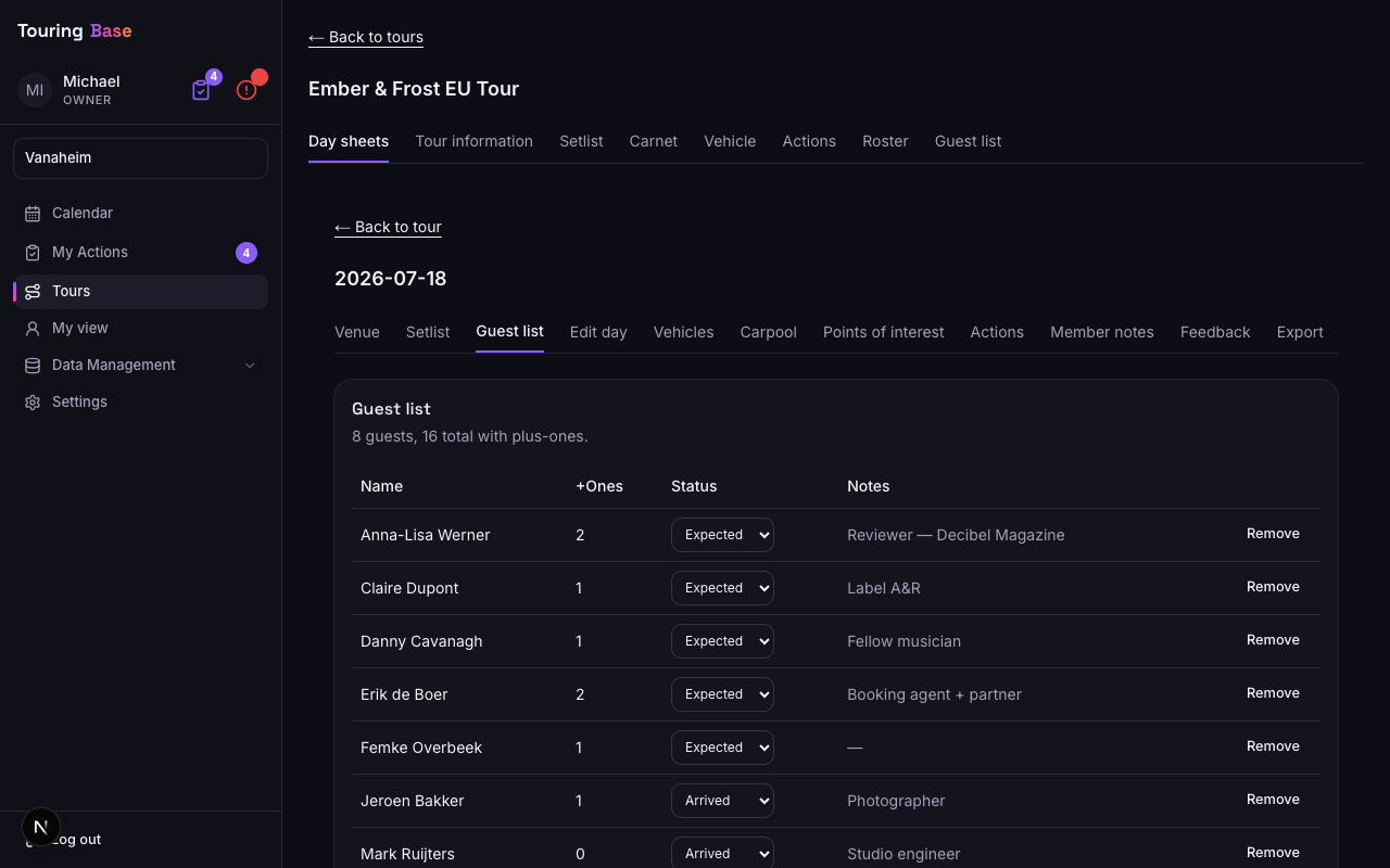 Per-show guest list with status and plus-ones in the TouringBase companion app