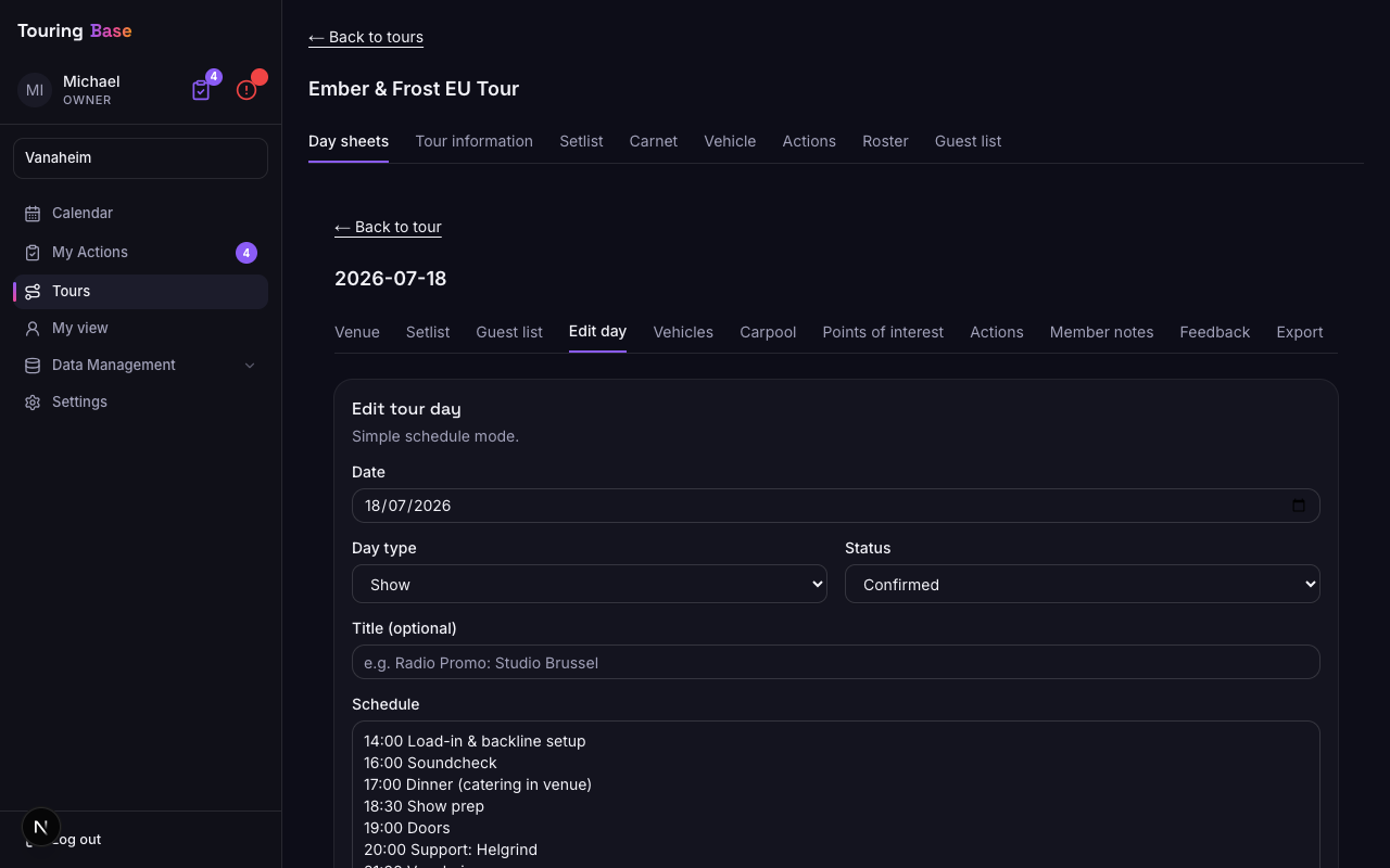 Day detail schedule form with load-in, soundcheck, doors and curfew