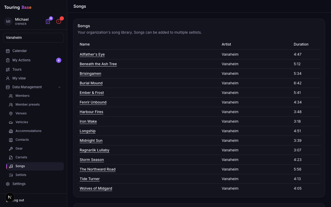 Song library with durations