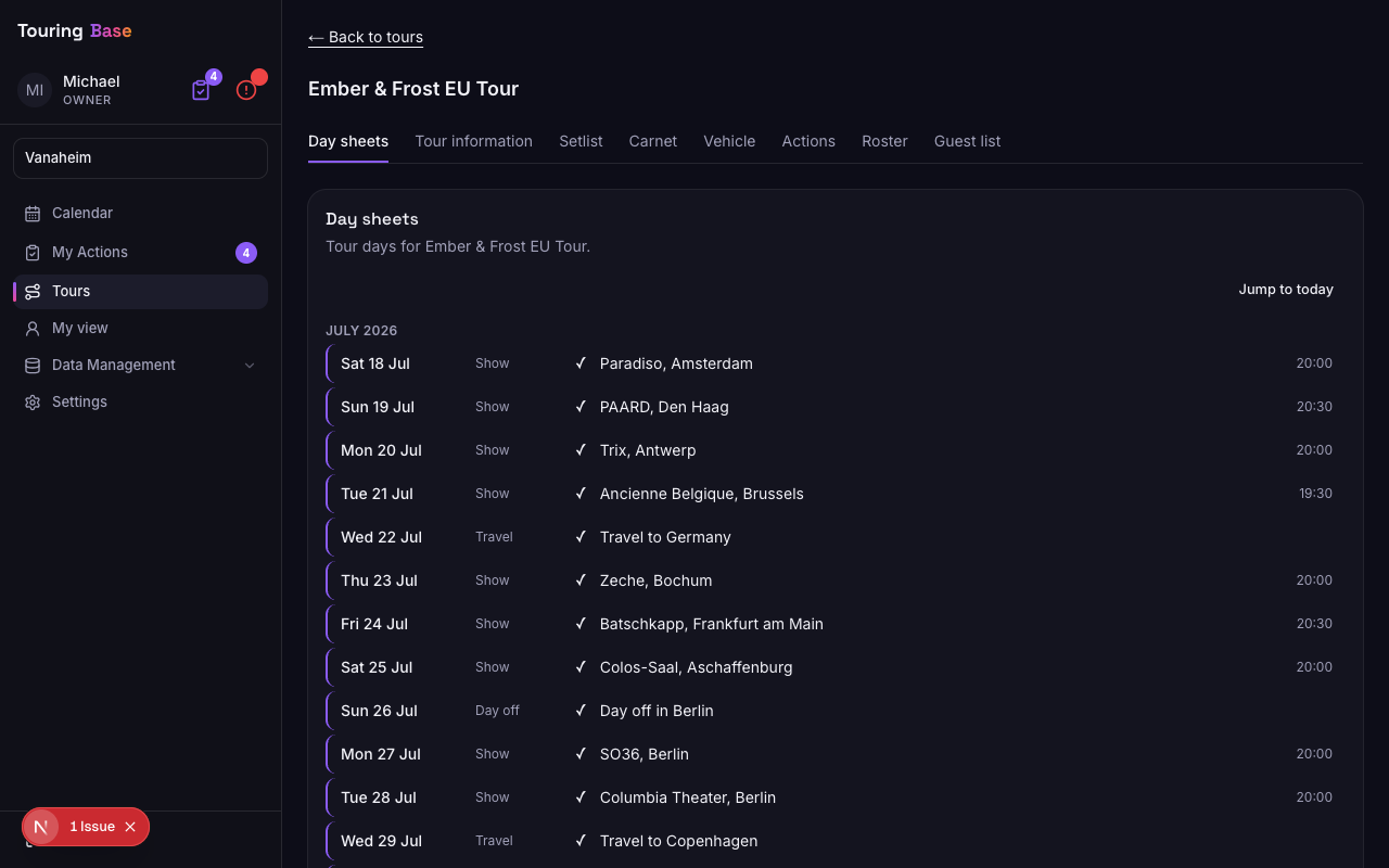 Tour day sheets list with dates, venues and show times